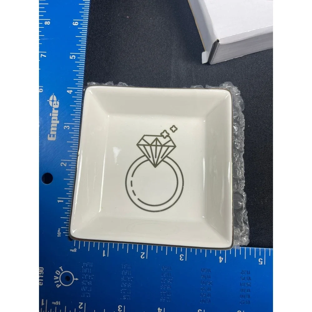 White Ceramic Diamond Ring Trinket Dish Gold Rim Square Jewelry Tray w/ Gift Box